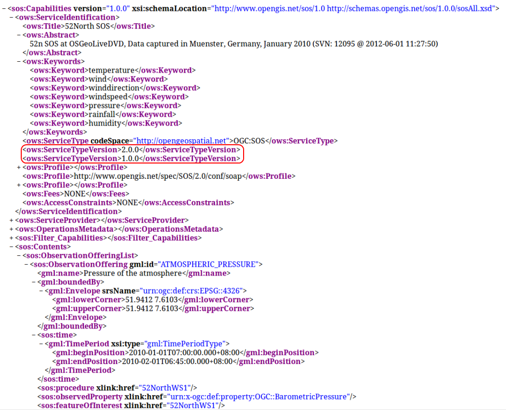 screenshot of 52°North SOS output - GetCapabilities response encoded in XML