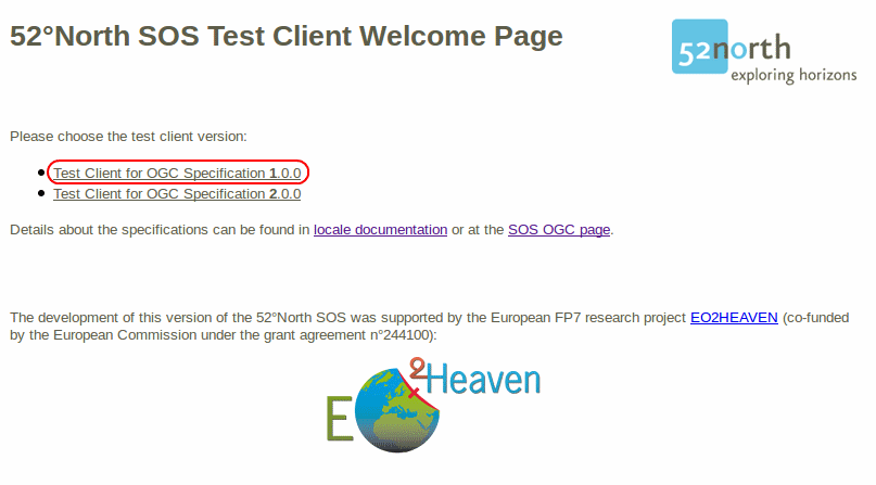 screenshot of 52°North SOS test client welcome page