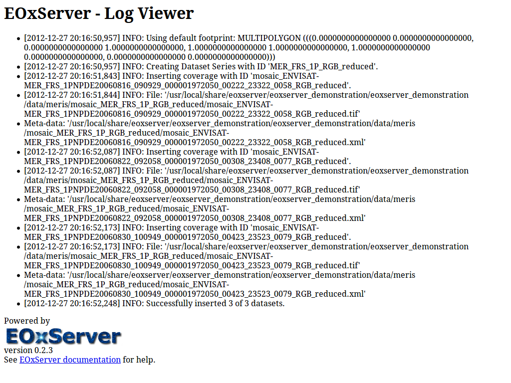 EOxServer demonstration log viewer