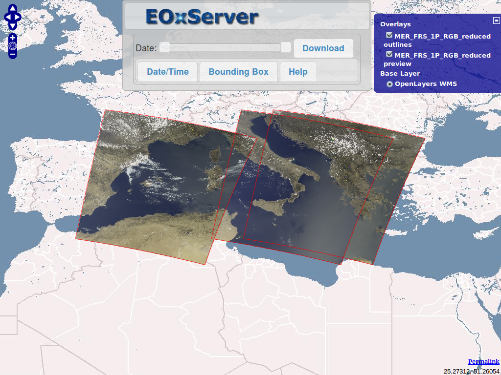 EOxServer demonstration embedded client outlines and previews