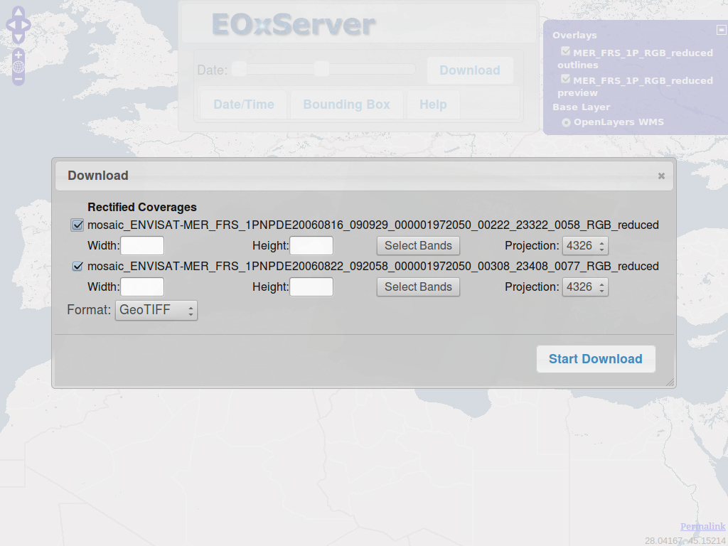 EOxServer demonstration embedded client download selection